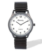Ravel Men's Easy Read White Dial Watch with Minute Track and Black Stainless Steel Expander Bracelet, 36mm