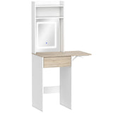HOMCOM Small Vanity Desk with LED Mirror, Drop Leaf, Open Shelves and Drawer – Compact Dressing Table, White
