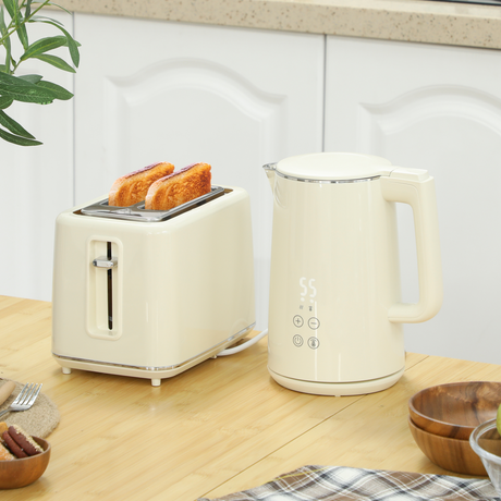 Stainless steel and beige kettle and toaster set