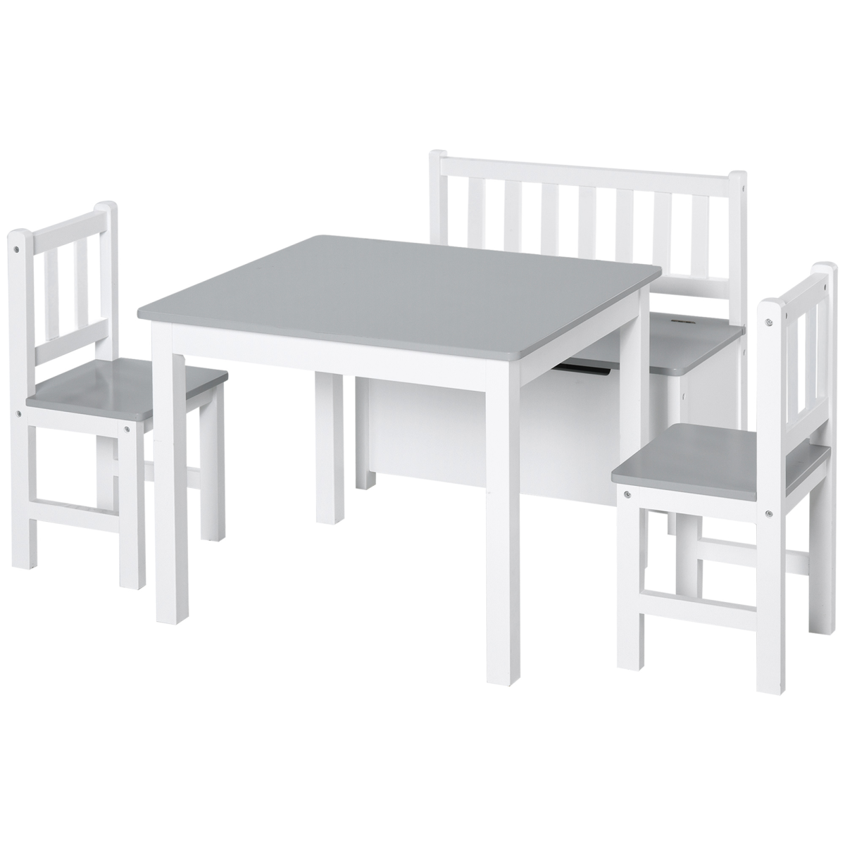 HOMCOM 4-Piece Kids Wooden Table, Chair and Storage Bench Set – Play and Study Furniture for 3+ Years