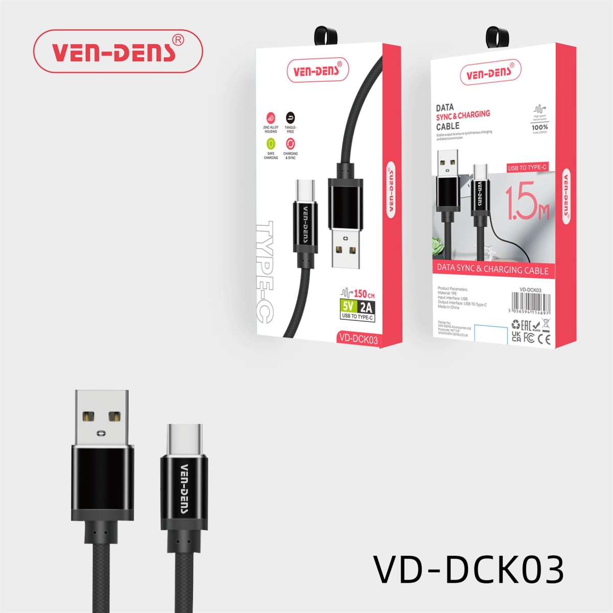 Ven-Dens USB-C to Type-C Cable – Fast Charging and Data Sync, Heat Resistant with Anti-Slip Grip