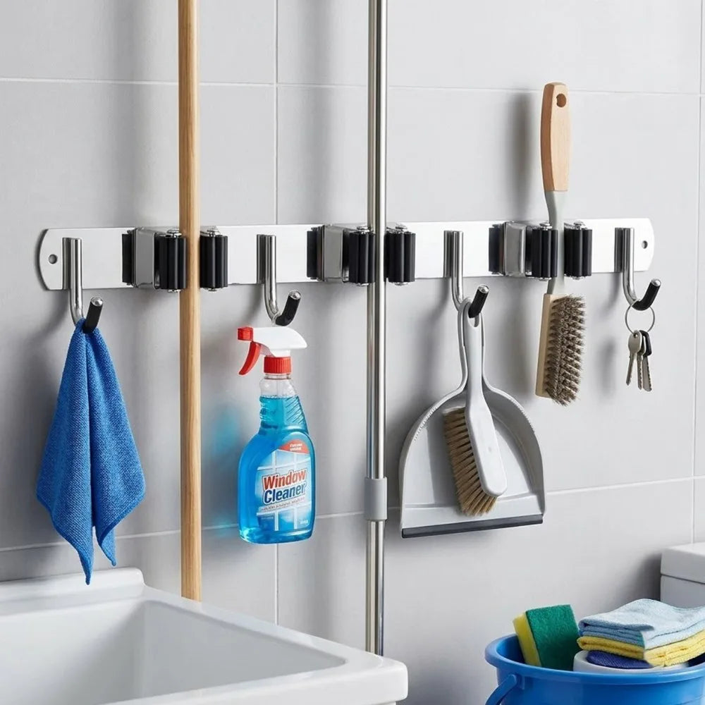 Wall-Mounted Broom & Mop Holder with 3 Slots and 4 Hooks – Stainless Steel Garage Tool Organiser, Silver