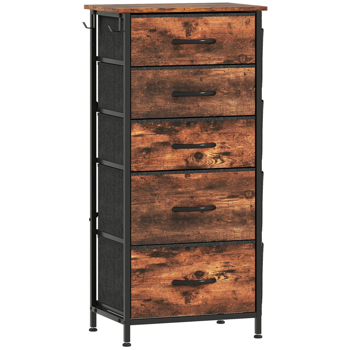 HOMCOM Chest of 5 Fabric Drawers with Steel Frame, Pockets & Hooks – Bedroom Storage, Rustic Brown