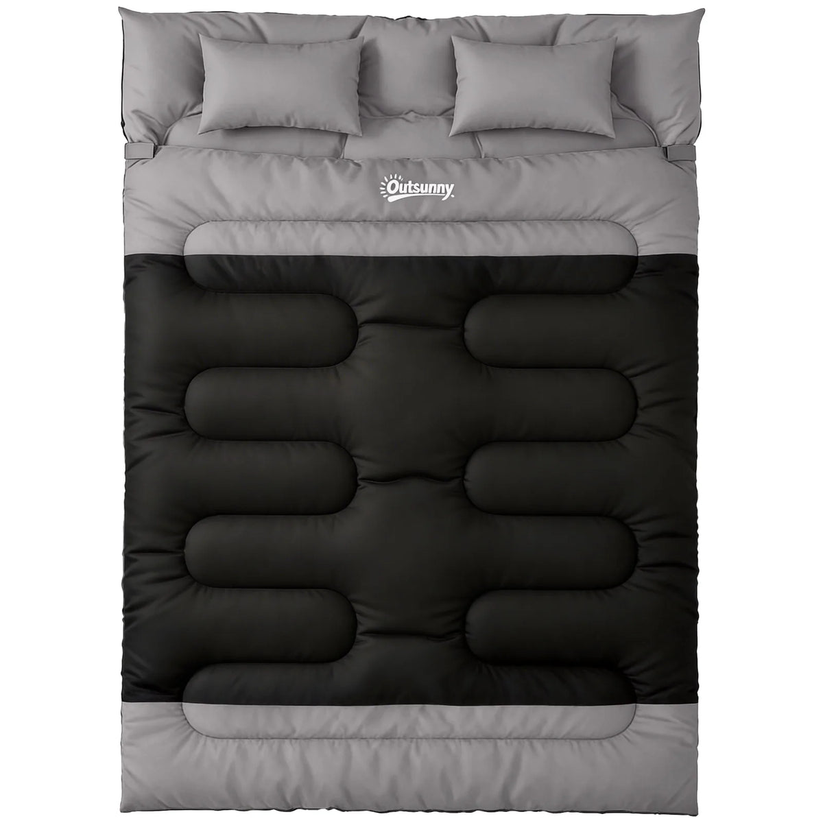 Outsunny Double Sleeping Bag with 2 Pillows, 220 x 160cm – Extra-Large Camping Bag for Adults, Black and Grey