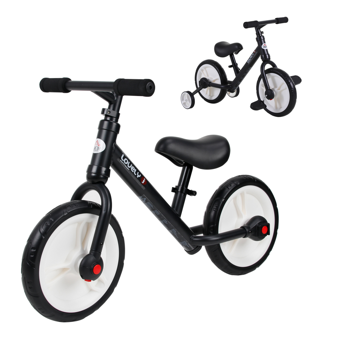 HOMCOM 2-in-1 Kids Balance Bike with Stabilizers and Pedals – Adjustable Seat Training Bike, Black