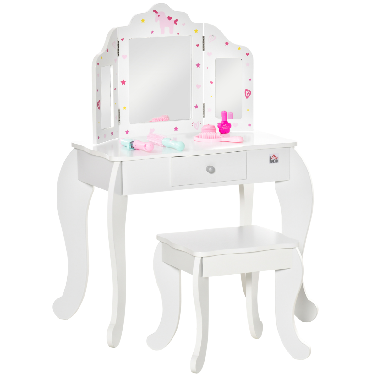 HOMCOM Kids Vanity Table and Stool Set with Rotatable Mirrors & Drawer – Girls' Dressing Table, Stars & Hearts