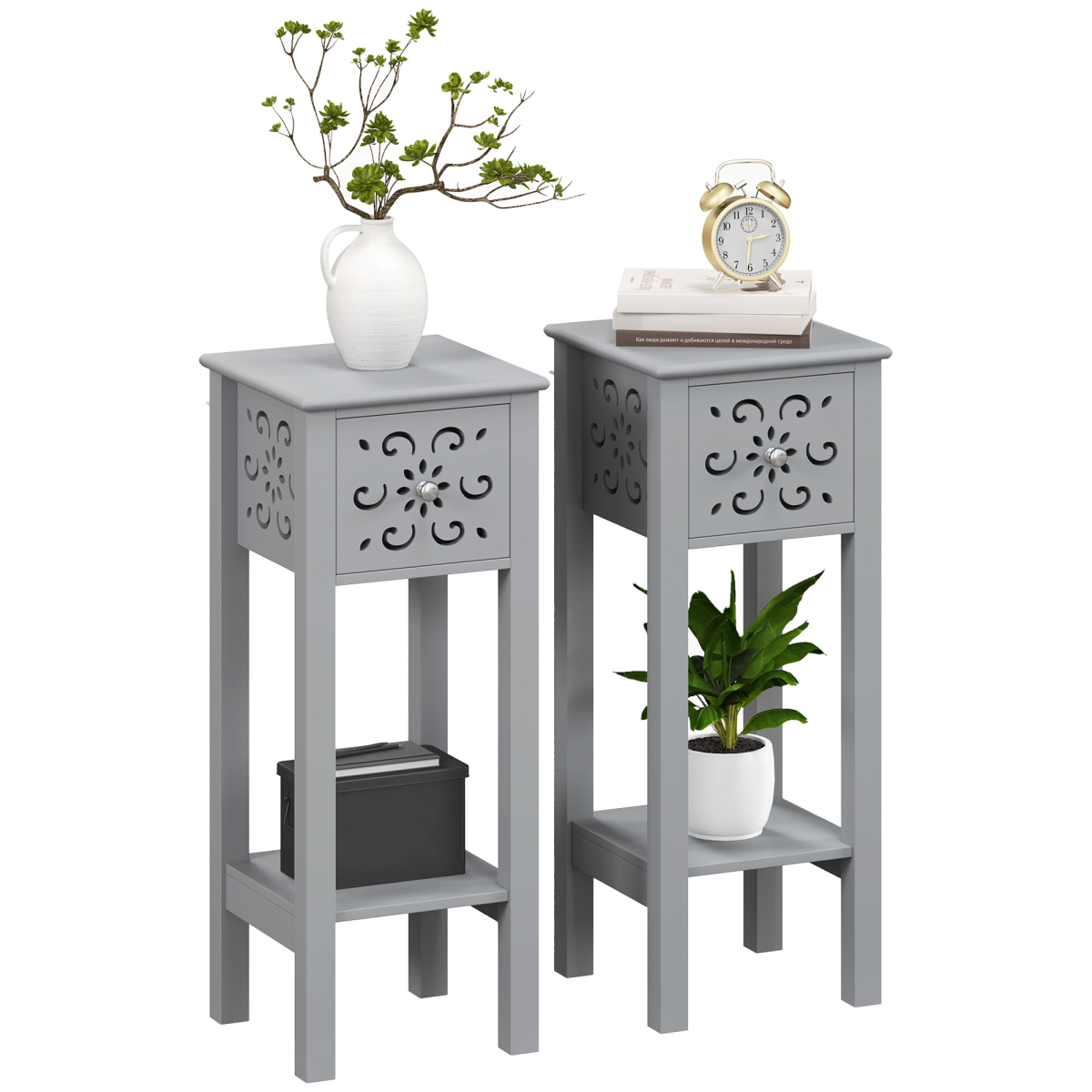 HOMCOM Set of 2 Grey MDF Storage Units with Floral Cut-Out Design, Drawers & Anti-Tip Straps