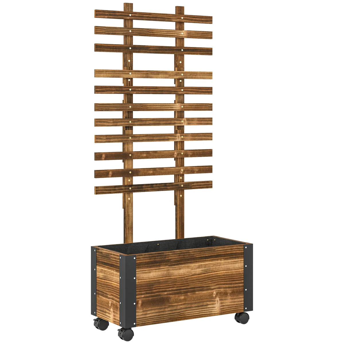 Outsunny Mobile Raised Garden Bed with Trellis and Wheels – Solid Wood Planter with Metal Corners, Brown