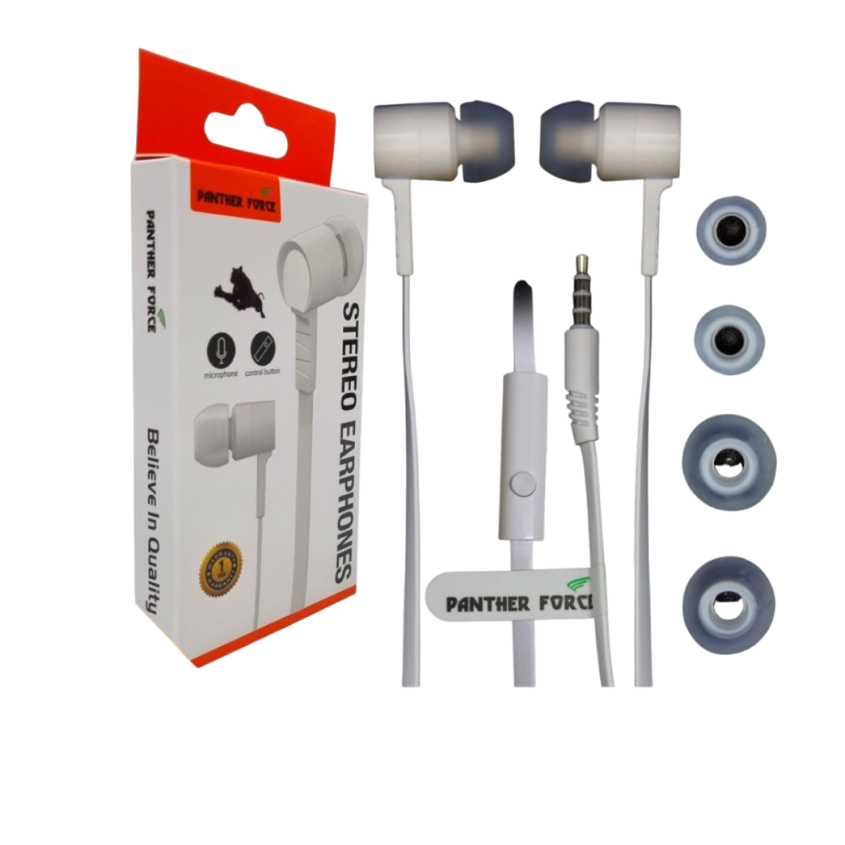 Panther Force In-Ear Handsfree Headphones with Built-In Mic – Clear Audio, Extended Length, White