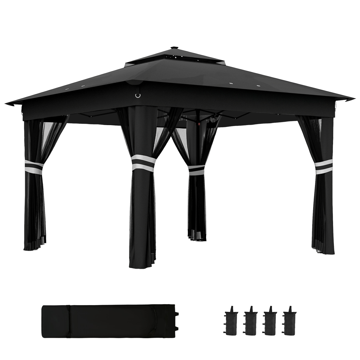 Outsunny 3x3m Pop-Up Gazebo with Solar LED Lights, Remote Control & Netting – Garden Party Shelter, Black