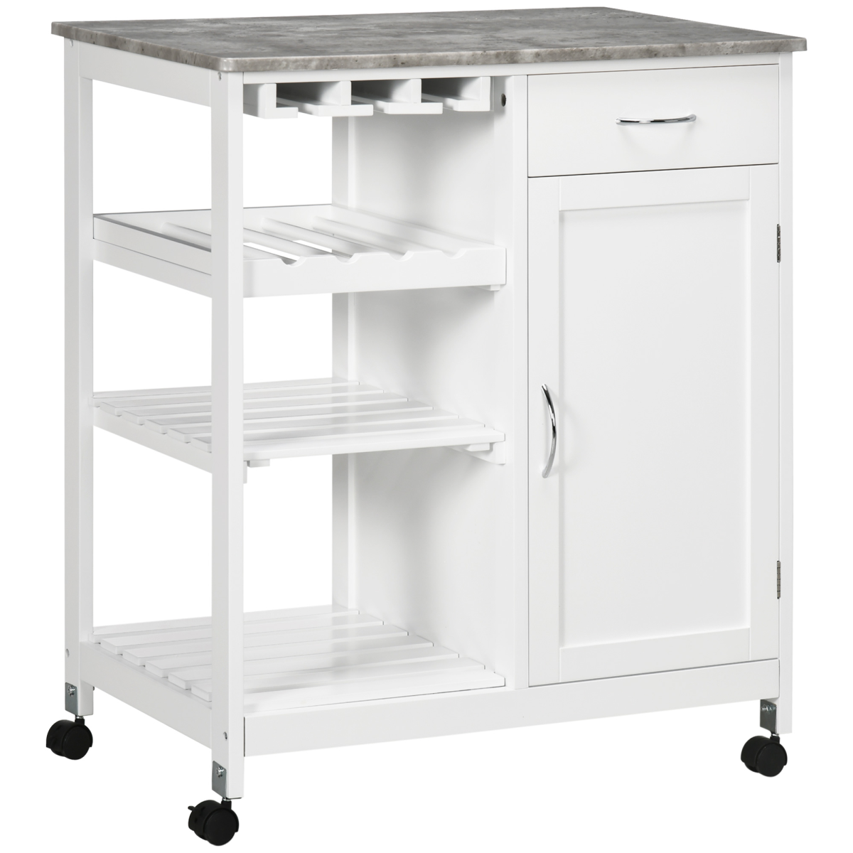White kitchen trolley with wine rack and drawer