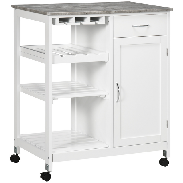 White kitchen trolley with wine rack and drawer