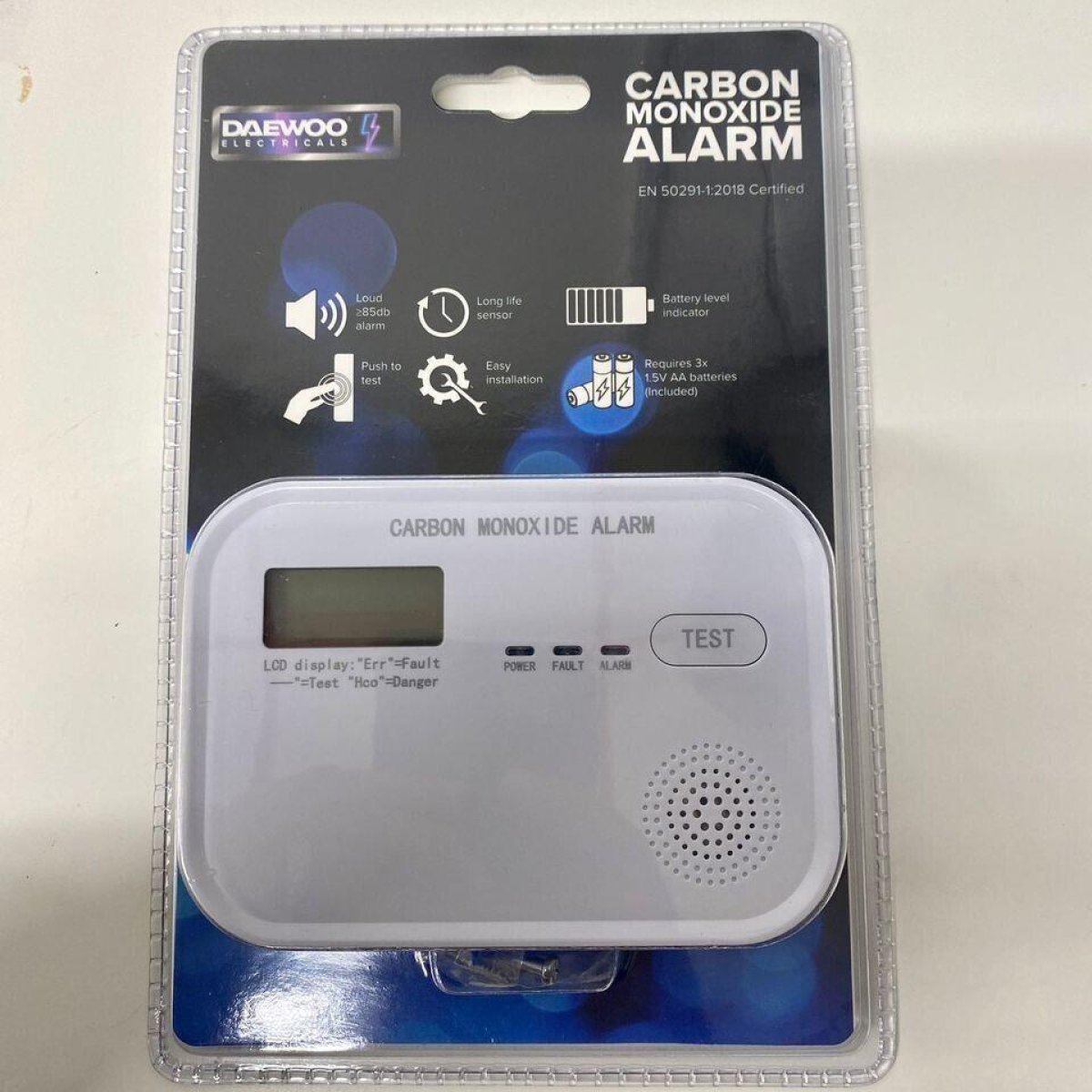 Daewoo Carbon Monoxide Alarm Detector ELA1391 – EN 50291-1:2018 Compliant, Battery Powered, Wall Mounted