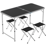 Outsunny Folding Camping Table and 4 Chairs Set with Adjustable Height & Parasol Hole – Aluminium, Black and Silver