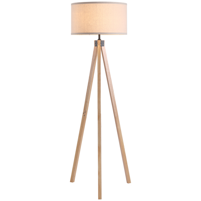 Beige rubberwood tripod floor lamp