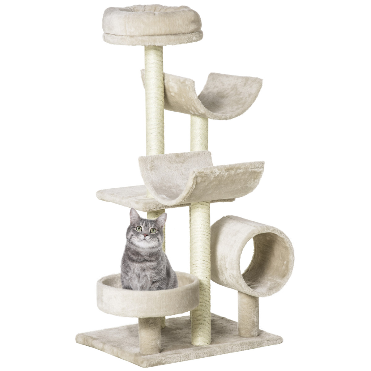 Pawhut Multi-Level Large Cat Tree with Sisal Scratching Posts, Perches and Tunnel – Play Centre, Beige