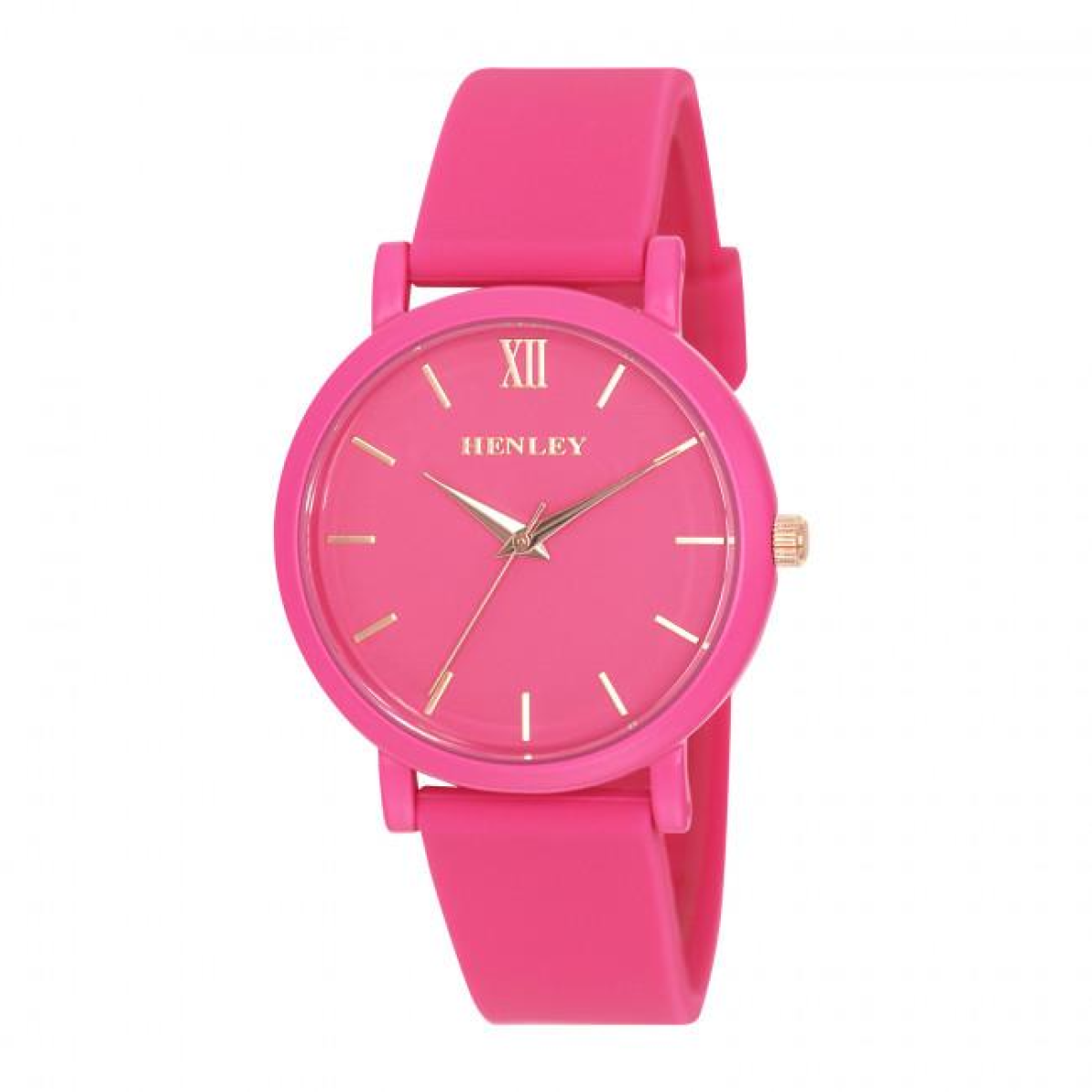 Henley Ladies Coloured Case Sports Watch – Hot Pink Silicone Strap, Rose Gold Index