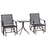 Outsunny Set of 2 Glider Rocking Chairs with Tempered Glass Table, Steel Frame – Garden Patio Set, Grey