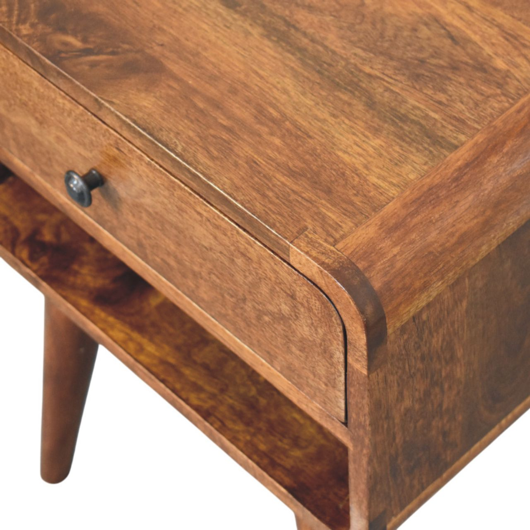 Artisan Furniture Solid Wood Avora Chestnut Nightstand with Drawer and Open Shelf – Mid-Century Style, Brown