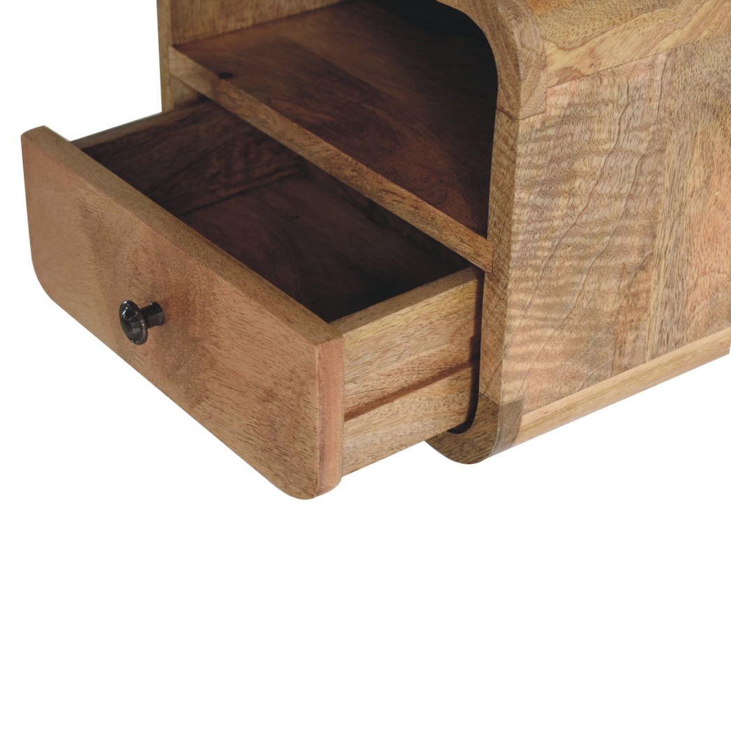 Artisan Furniture Extra Mini Wall Mounted Curved Bedside Table, 1 Drawer & Open Shelf – Solid Mango Wood