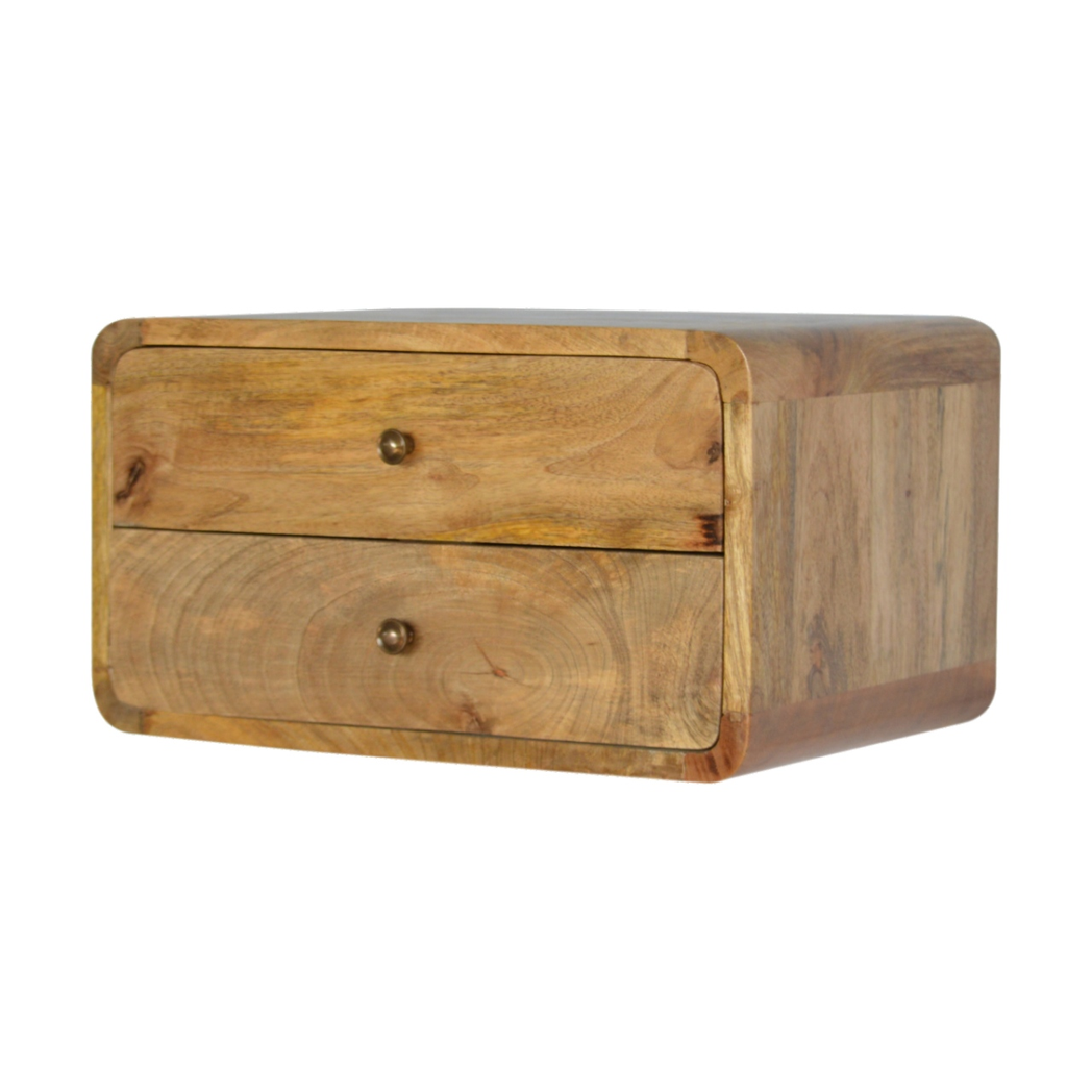 Artisan Solid Wood 2 Drawer Floating Bedside Table with Wall-Mounted Design – Bedroom Storage, Oak-Look Brown