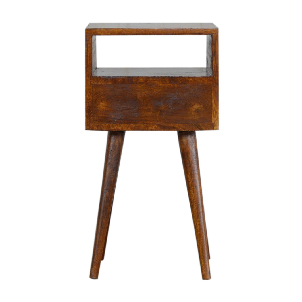 Artisan Furniture Solid Wood Mini Bedside Table with 1 Drawer and Open Shelf – Nordic Style, Chestnut Brown