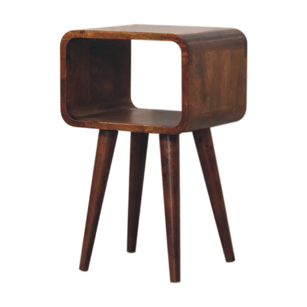 Artisan Furniture Mini Curved Bedside Table with Open Shelf – Solid Mango Wood, Chestnut Brown