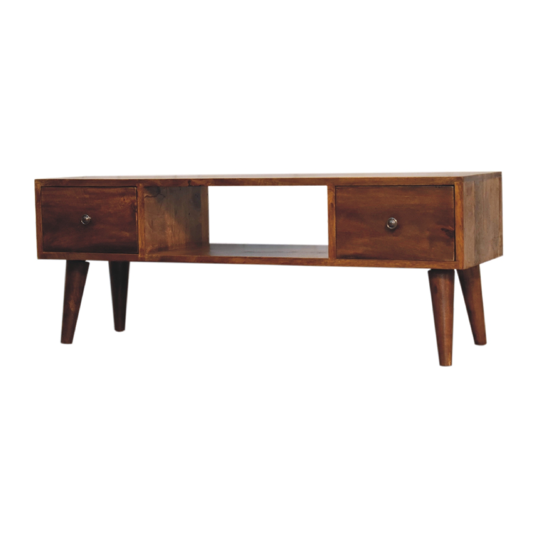 Artisan Furniture Solid Wood Classic Chestnut Coffee Table with 2 Drawers & 2 Open Slots – Dark Brown