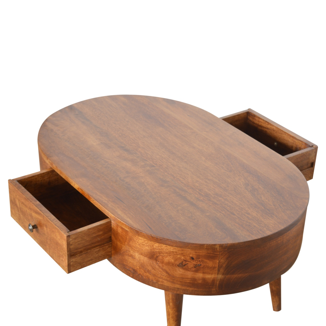 Artisan Solid Wood Rounded Coffee Table with 2 Drawers – Living Room Storage, Dark Chestnut