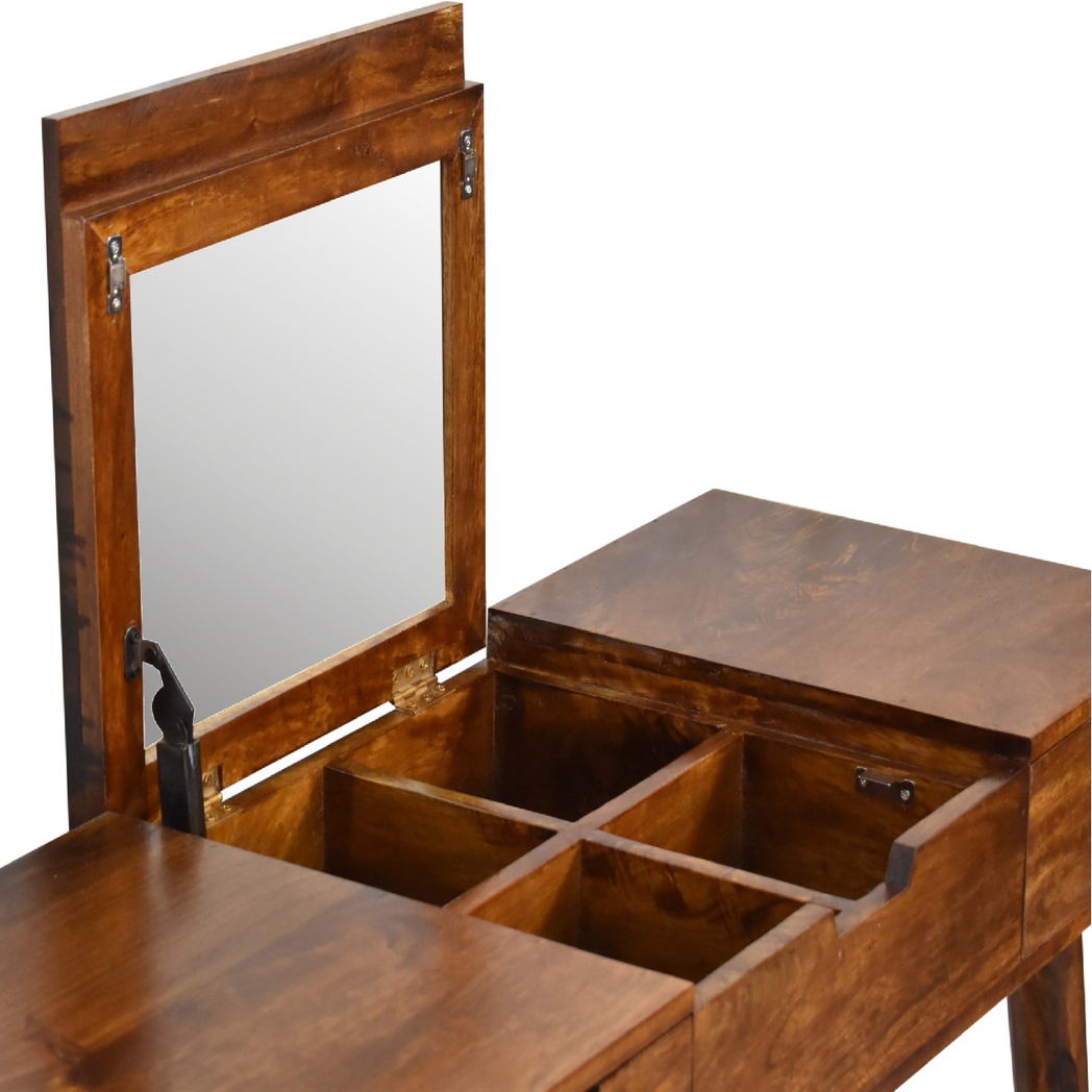 Artisan Furniture Solid Wood Foldable Mirror Dressing Table with 2 Drawers – Nordic Style, Chestnut Brown