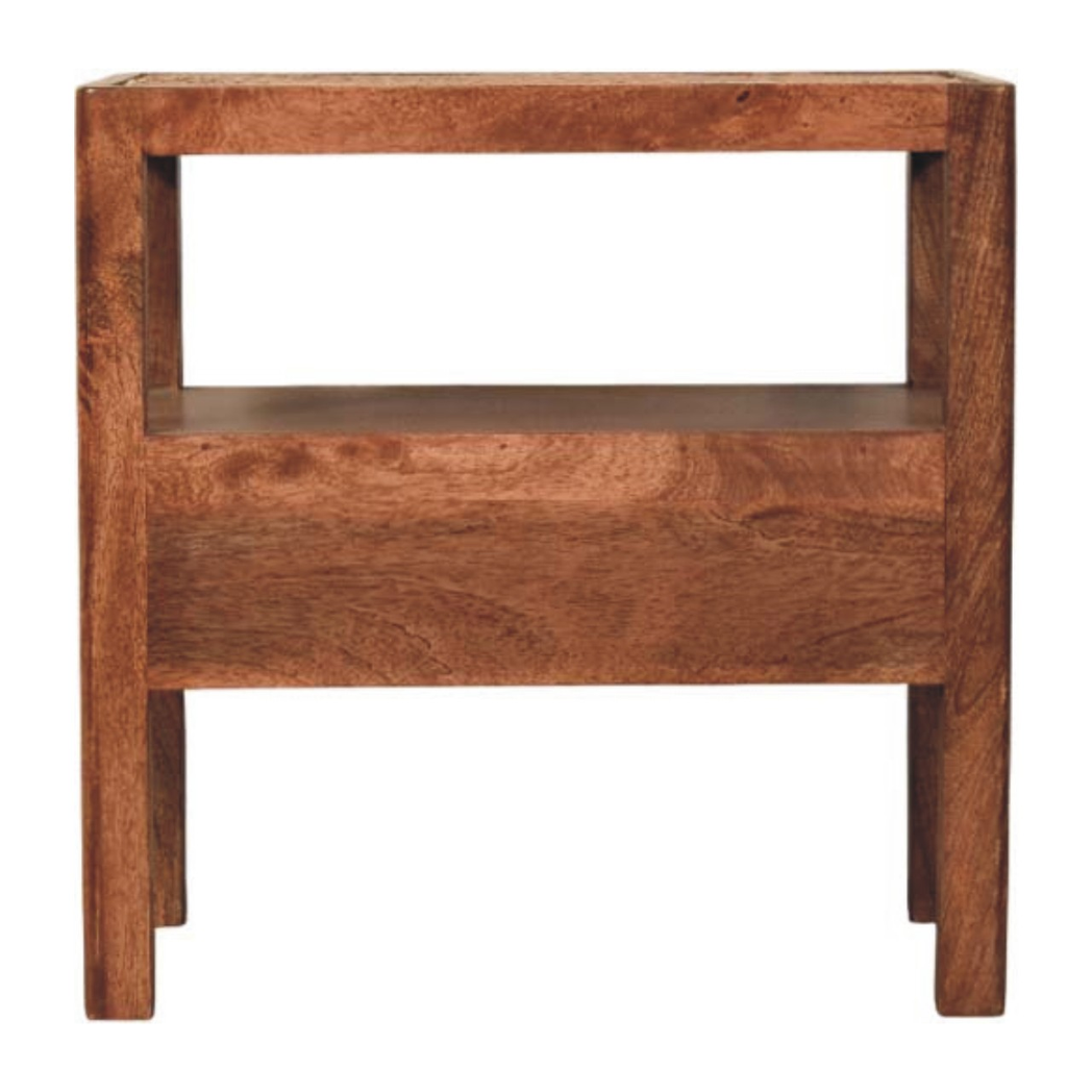 Artisan Furniture Solid Wood Caldera Bedside Stand, 1 Drawer, Open Shelf and Rattan Top – Brown