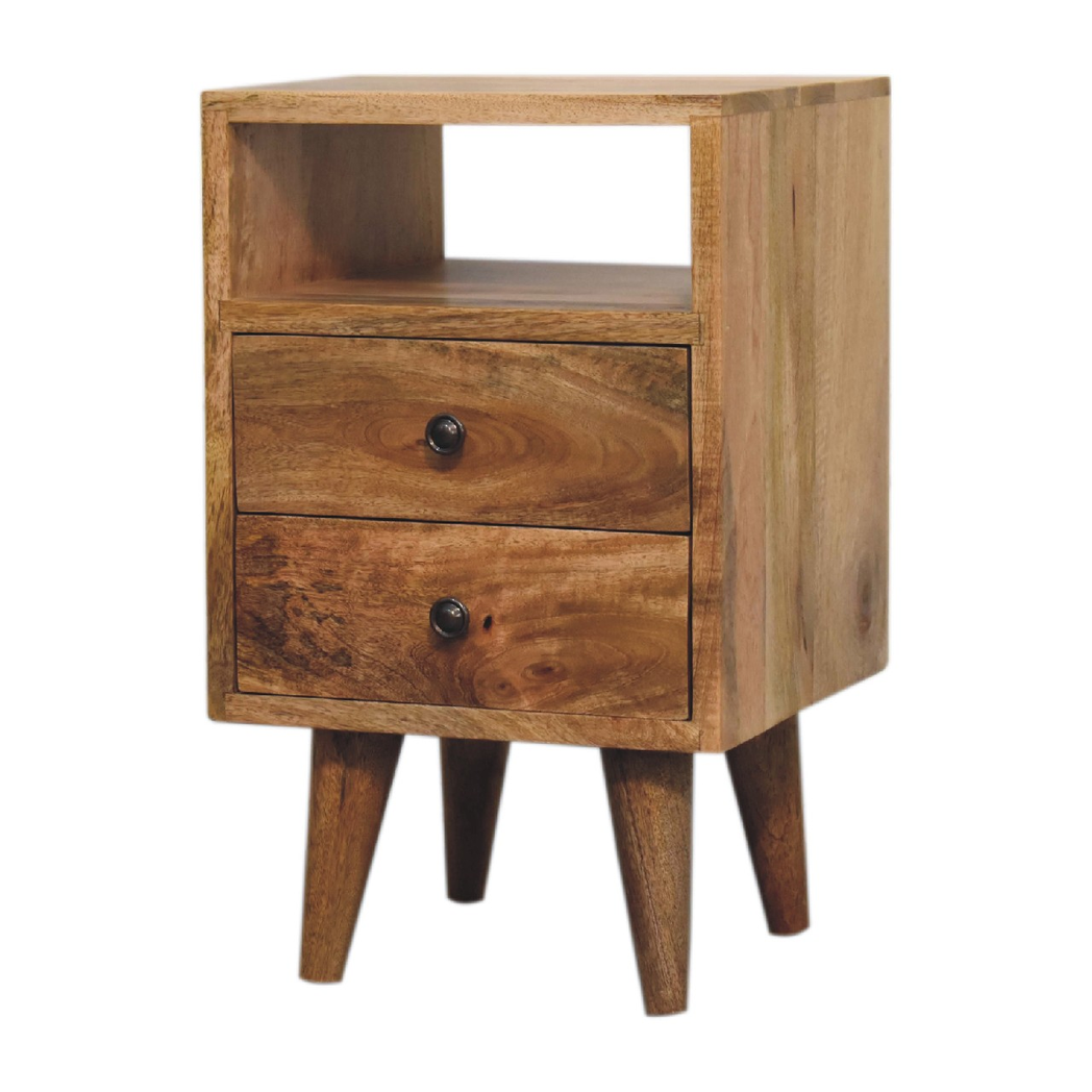 Artisan Mini Classic Solid Wood Bedside Table with 2 Drawers & Open Slot – Compact Bedroom Storage, Brown