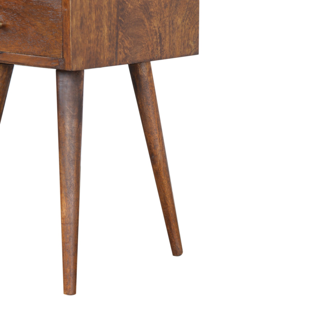 Artisan Furniture Solid Wood Mini Bedside Table with 1 Drawer and Open Shelf – Nordic Style, Chestnut Brown