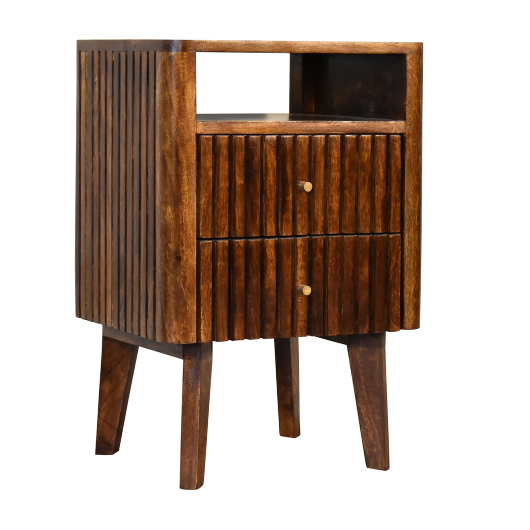 Artisan Furniture Solid Wood Reeve Retro Bedside Table with 2 Drawers and Open Slot – Chestnut, Dark Brown