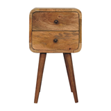 Artisan Furniture Solid Wood Mini Curved Bedside Table with 2 Drawers – Nordic Style, Oak-ish Brown