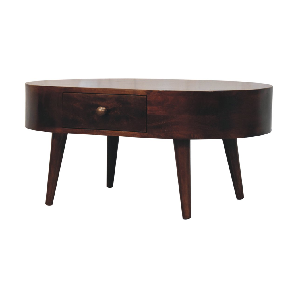 Artisan Furniture Solid Wood California Walnut Rounded Coffee Table with Drawer – Nordic Legs, Dark Brown
