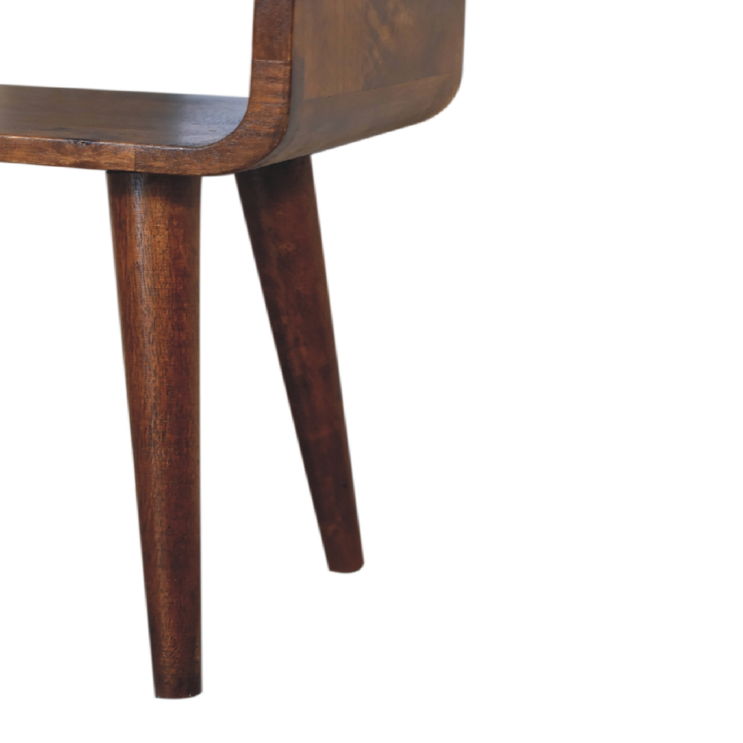 Artisan Furniture Mini Curved Bedside Table with Open Shelf – Solid Mango Wood, Chestnut Brown