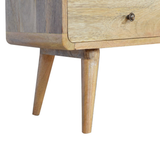 Artisan Curved Solid Wood Media Unit with 2 Drawers – Oak-Look Brown TV Stand for Living Rooms