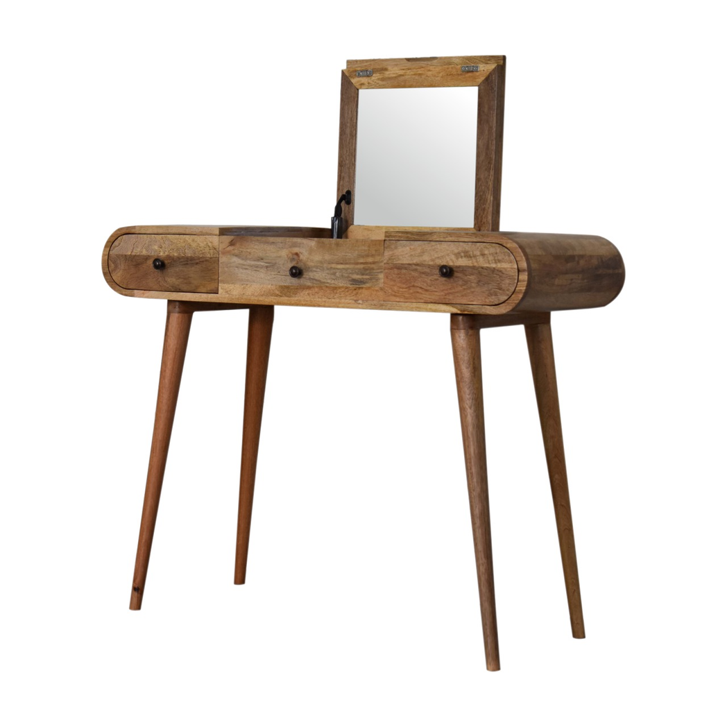 Artisan Furniture Round Dressing Table in Solid Mango Wood with Foldable Mirror & Storage – Bedroom, Beige