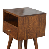 Artisan Furniture Solid Wood Mini Bedside Table with 1 Drawer and Open Shelf – Nordic Style, Chestnut Brown