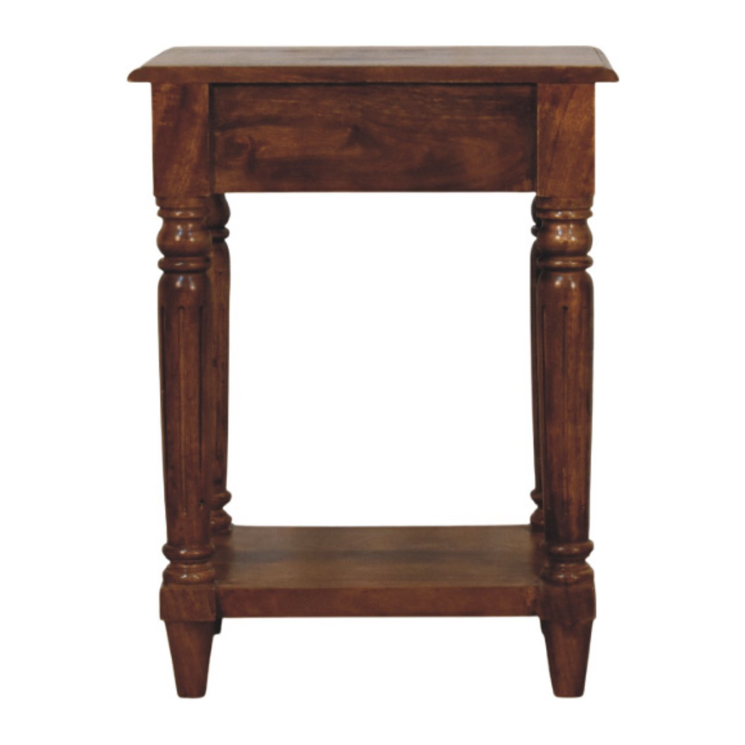 Artisan Furniture Solid Mango Wood Side Table with Drawer, Turned Legs & Lower Shelf – Chestnut Brown