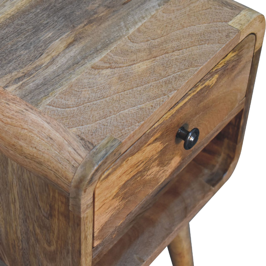 Artisan Solid Wood Mini Curve Low Bedside Table with 1 Drawer – Compact Curved Nightstand, Beige