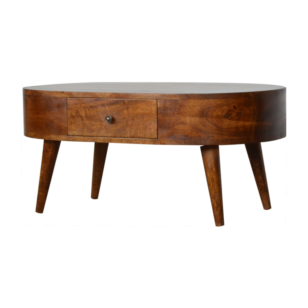Artisan Solid Wood Rounded Coffee Table with 2 Drawers – Living Room Storage, Dark Chestnut