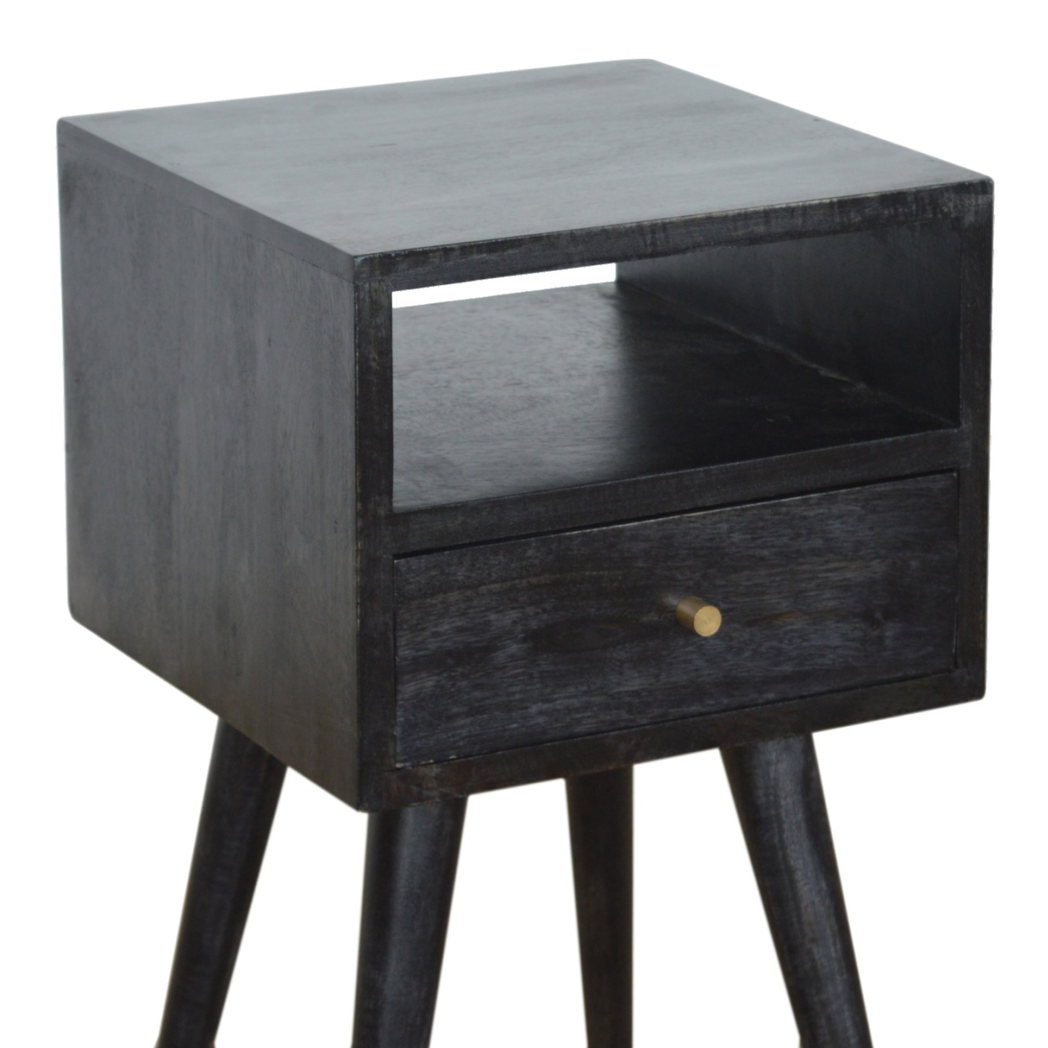Artisan Furniture Solid Wood Mini Bedside Table with Pull-Out Drawer and Shelf – Nordic Style, Ash Black