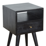 Artisan Furniture Solid Wood Mini Bedside Table with Pull-Out Drawer and Shelf – Nordic Style, Ash Black