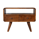 Artisan Mini Curved Solid Wood Media Unit with 2 Drawers – Compact TV Storage for Small Spaces, Chestnut