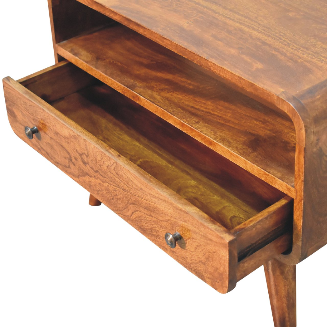 Artisan Furniture Solid Wood Mini Chestnut Curved Media Unit, 1 Drawer & Open Slot – Dark Brown