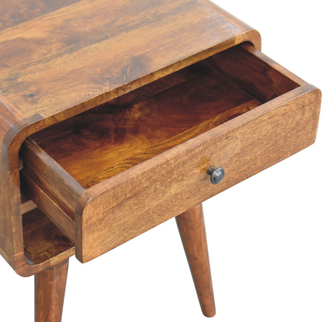 Artisan Furniture Solid Wood Avora Chestnut Nightstand with Drawer and Open Shelf – Mid-Century Style, Brown