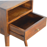 Artisan Furniture Solid Wood Mini Bedside Table with 1 Drawer and Open Shelf – Nordic Style, Chestnut Brown