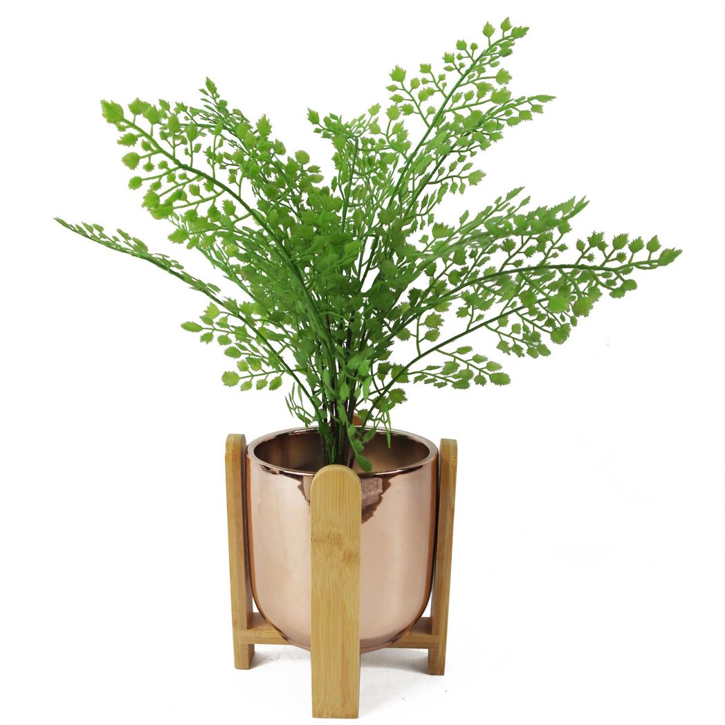 16cm Gold Ceramic Planter with Bamboo Stand – Indoor Plant Pot, Gold & Brown